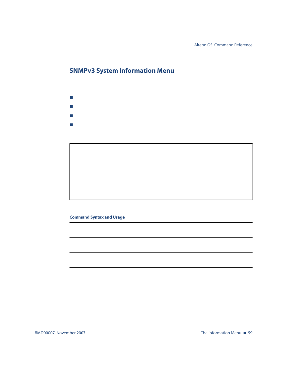 Snmpv3 system information menu, Snmpv3 system information menu 59, Info/sys/snmpv3 snmpv3 system information menu | Nortel Networks ALTEON OS BMD00007 User Manual | Page 59 / 390