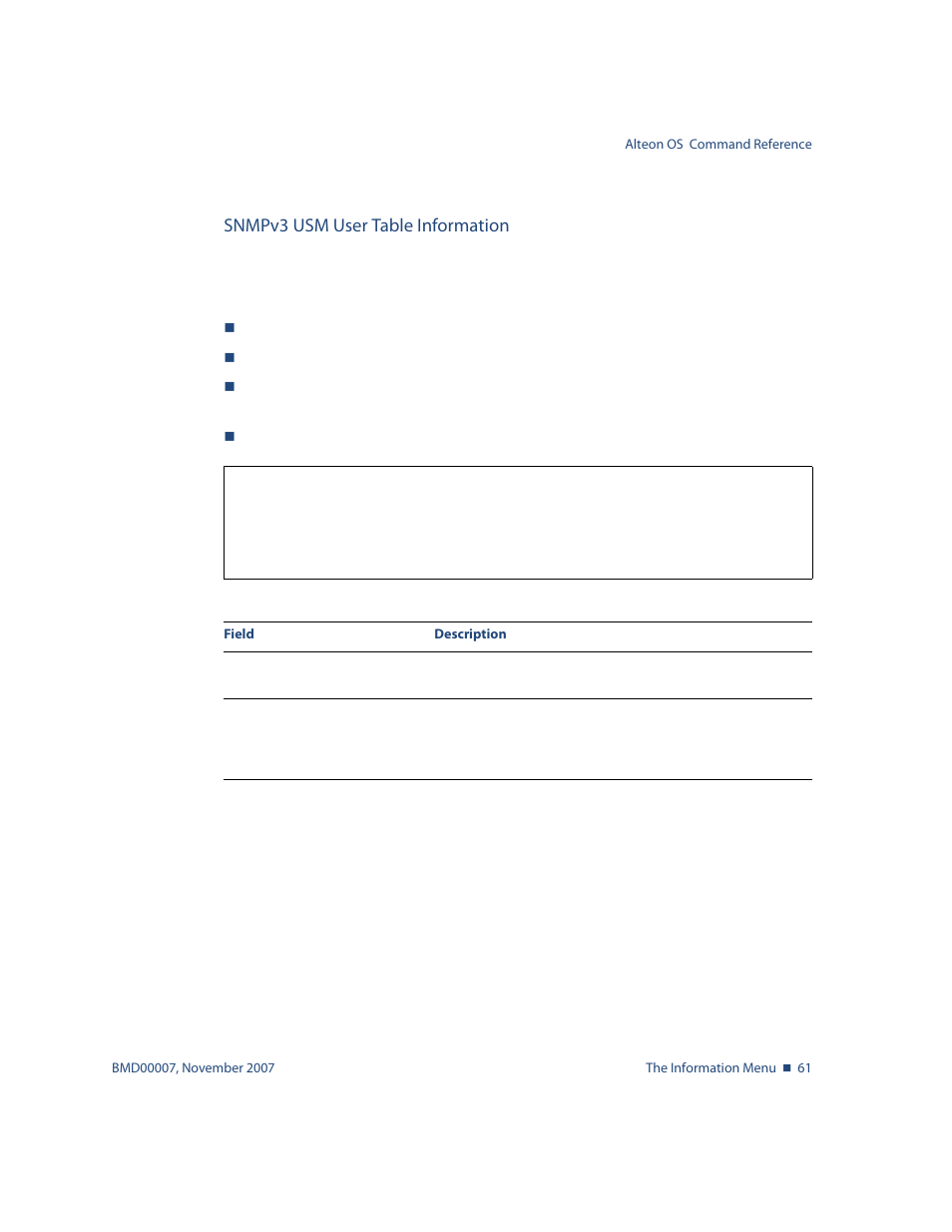 Snmpv3 usm user table information, Snmpv3 usm user table information 61, Info/sys/snmpv3/usm | Nortel Networks ALTEON OS BMD00007 User Manual | Page 61 / 390