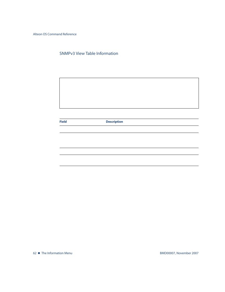 Snmpv3 view table information, Snmpv3 view table information 62, Info/sys/snmpv3/view | Nortel Networks ALTEON OS BMD00007 User Manual | Page 62 / 390