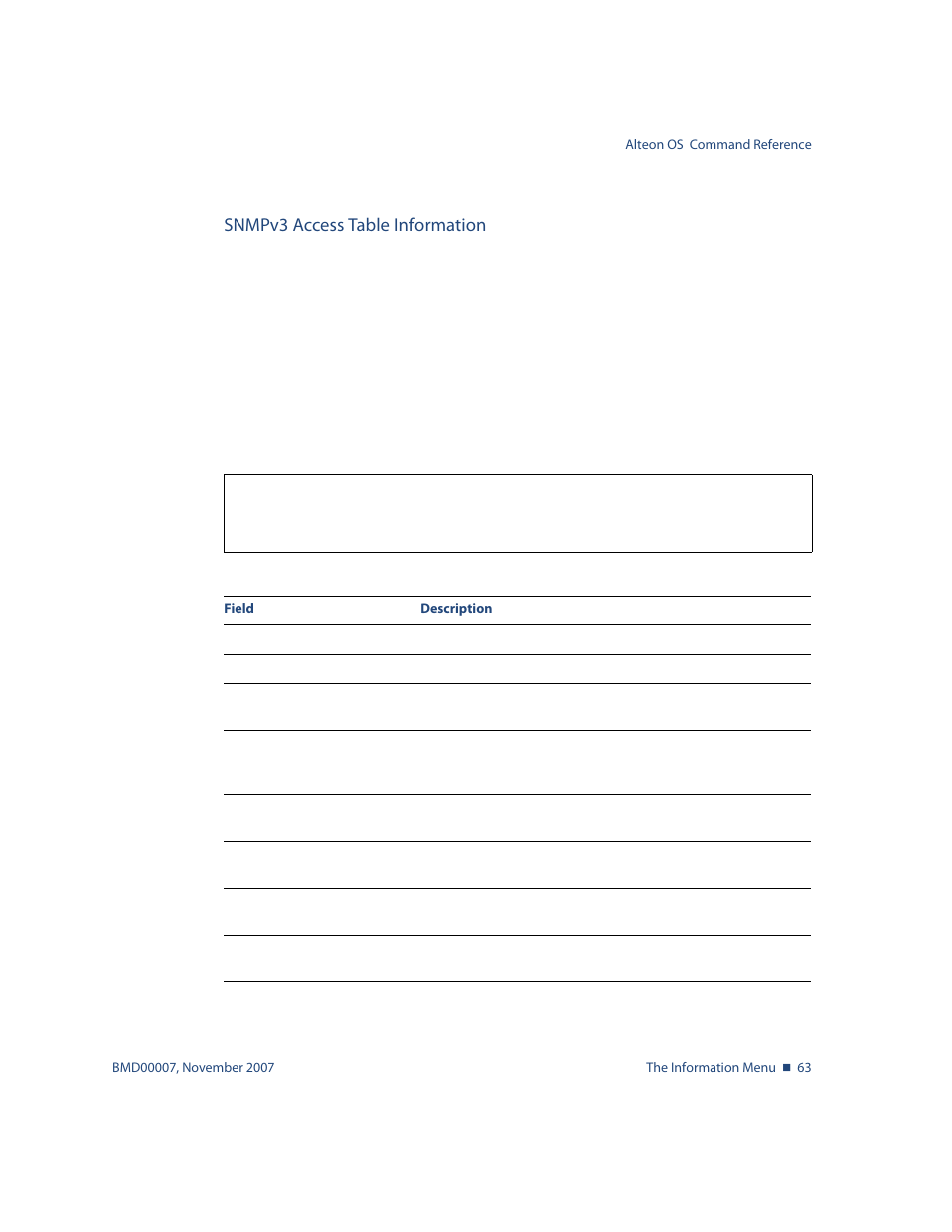 Snmpv3 access table information, Snmpv3 access table information 63, Info/sys/snmpv3/access | Nortel Networks ALTEON OS BMD00007 User Manual | Page 63 / 390
