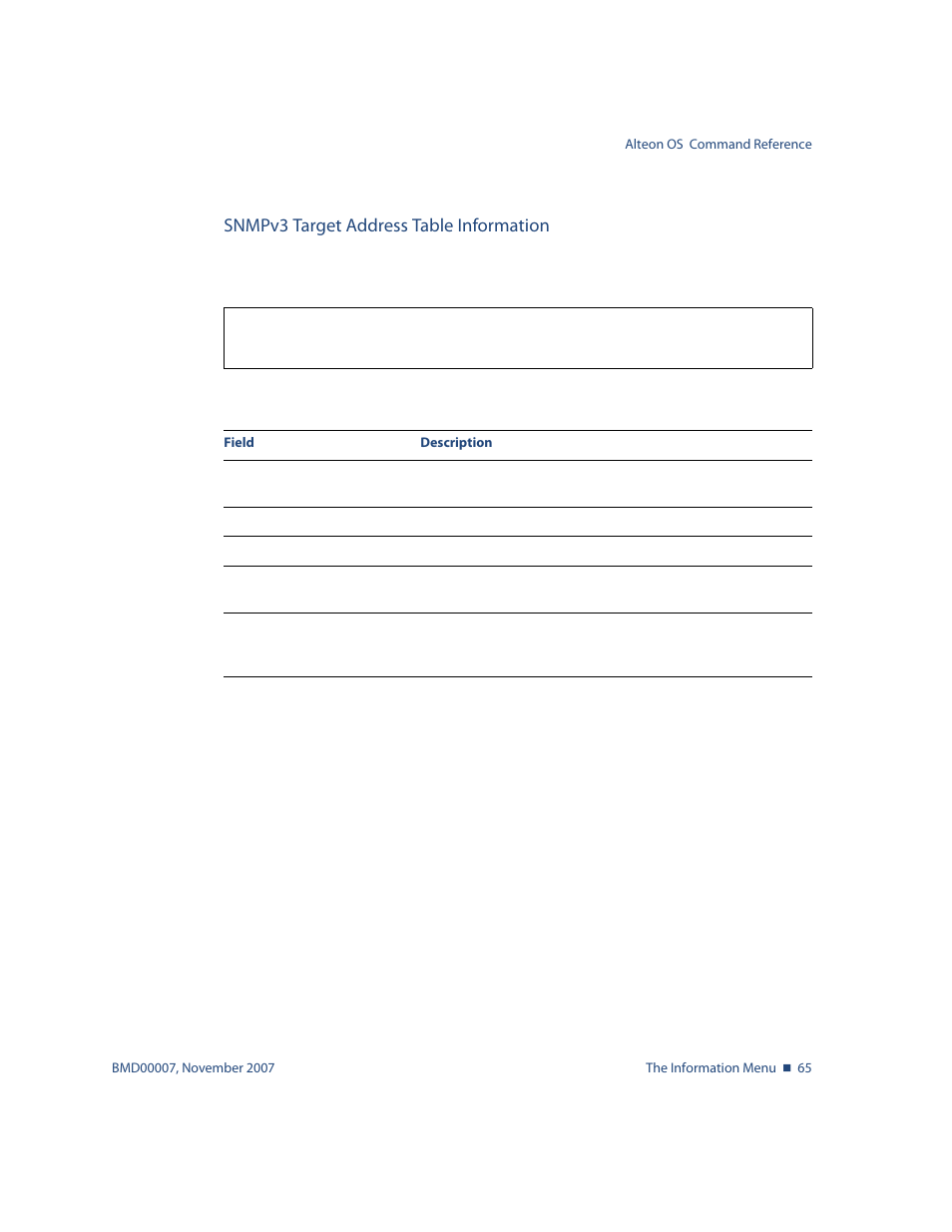 Snmpv3 target address table information, Snmpv3 target address table information 65, Info/sys/snmpv3/taddr | Nortel Networks ALTEON OS BMD00007 User Manual | Page 65 / 390