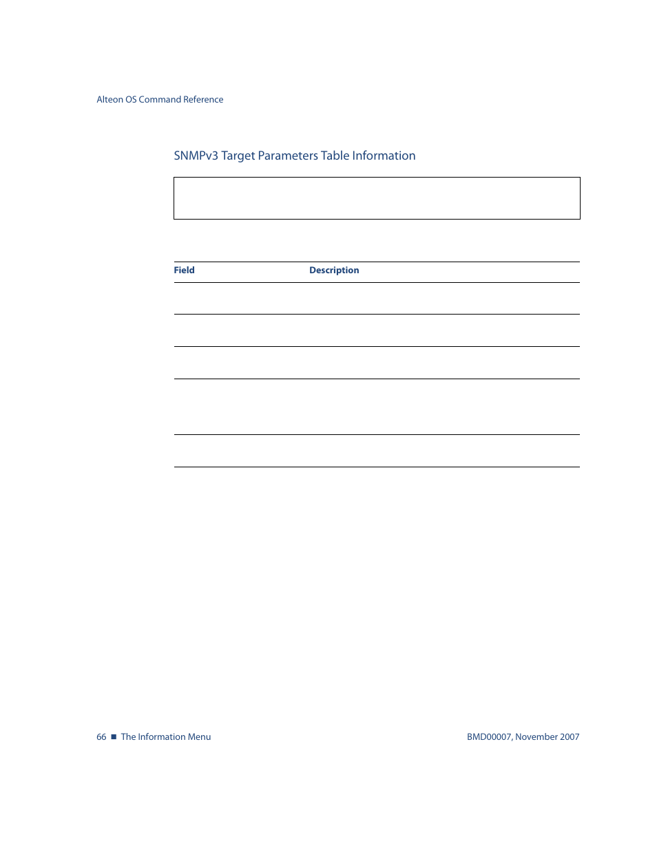 Snmpv3 target parameters table information, Snmpv3 target parameters table information 66, Info/sys/snmpv3/tparam | Nortel Networks ALTEON OS BMD00007 User Manual | Page 66 / 390