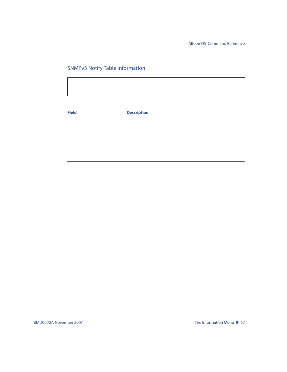 Snmpv3 notify table information, Snmpv3 notify table information 67, View a sample, see | Info/sys/snmpv3/notify | Nortel Networks ALTEON OS BMD00007 User Manual | Page 67 / 390