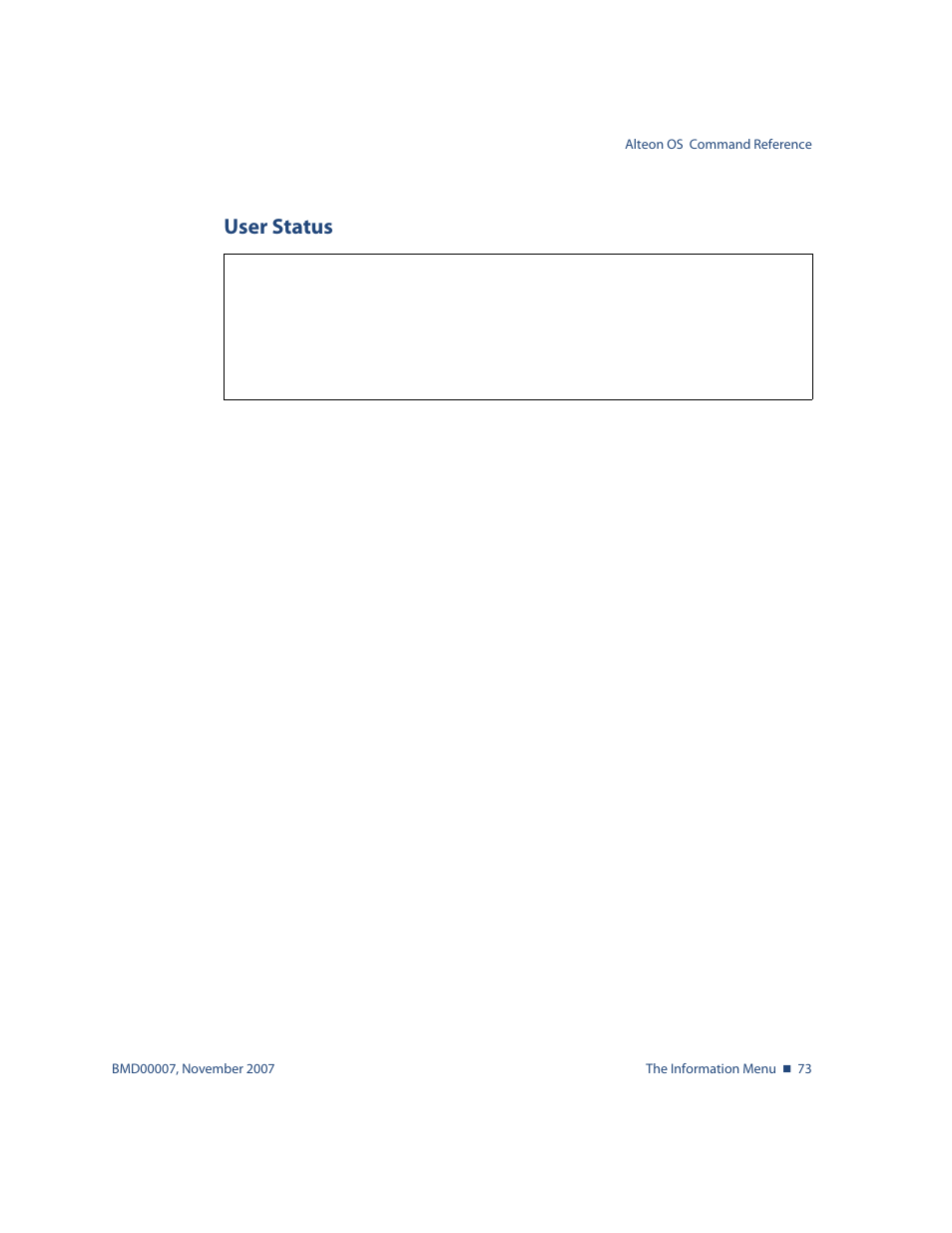 User status, User status 73, Info/sys/user user status | Nortel Networks ALTEON OS BMD00007 User Manual | Page 73 / 390