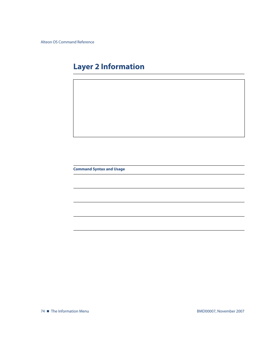 Layer 2 information, Layer 2 information 74, Info/l2 | Nortel Networks ALTEON OS BMD00007 User Manual | Page 74 / 390