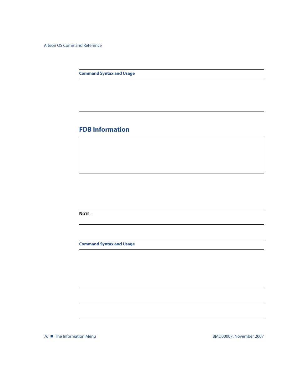 Fdb information, Fdb information 76, Info/l2/fdb fdb information | Nortel Networks ALTEON OS BMD00007 User Manual | Page 76 / 390