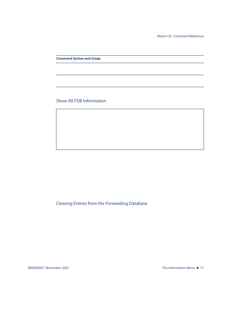 Show all fdb information, Clearing entries from the forwarding database, Info/l2/fdb/dump | Nortel Networks ALTEON OS BMD00007 User Manual | Page 77 / 390