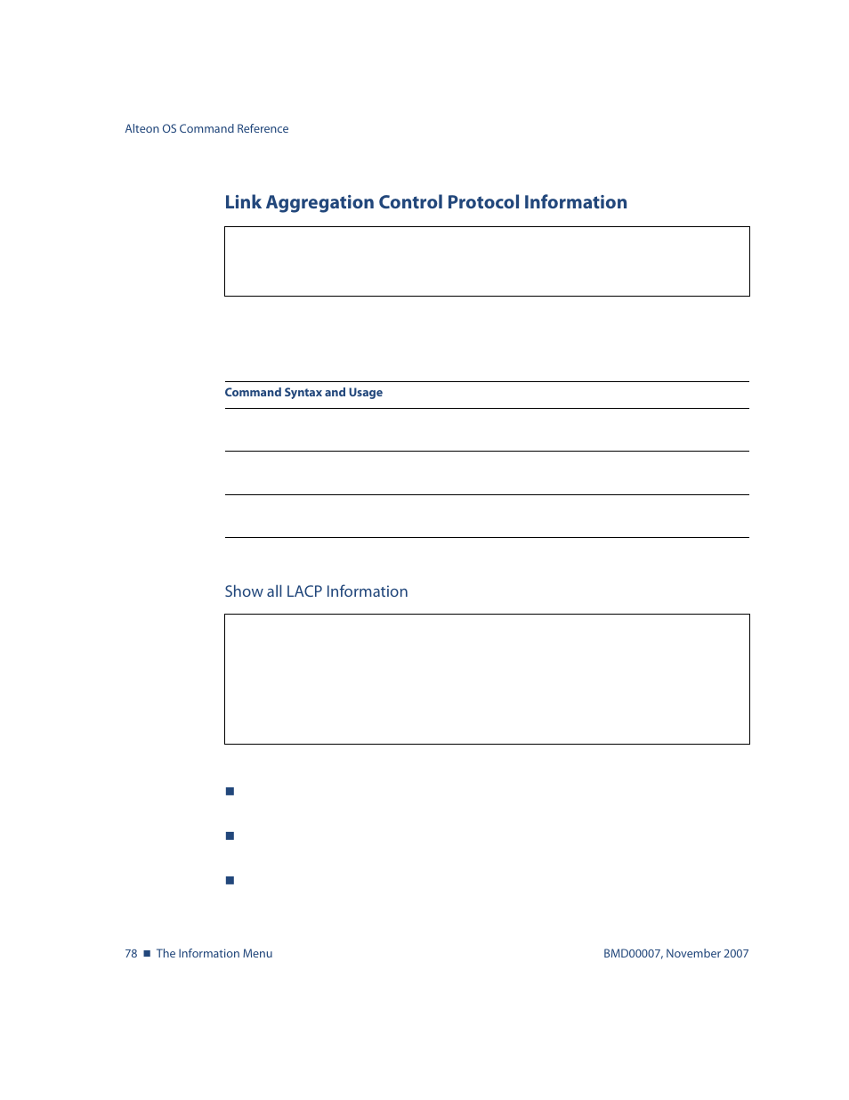 Link aggregation control protocol information, Show all lacp information, Link aggregation control protocol information 78 | Show all lacp information 78, Info/l2/lacp/dump | Nortel Networks ALTEON OS BMD00007 User Manual | Page 78 / 390