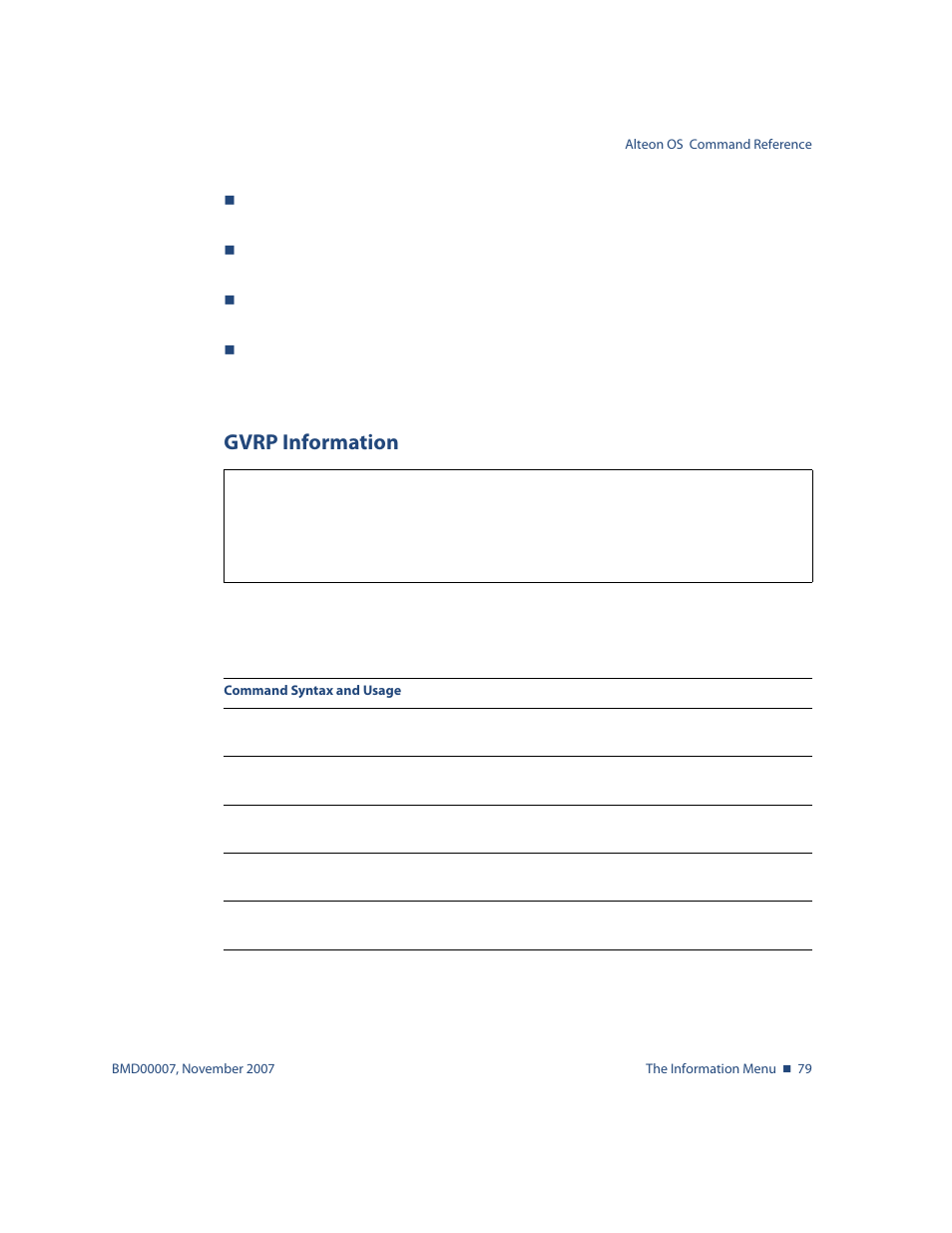 Gvrp information, Gvrp information 79, Info/l2/gvrp gvrp information | Nortel Networks ALTEON OS BMD00007 User Manual | Page 79 / 390