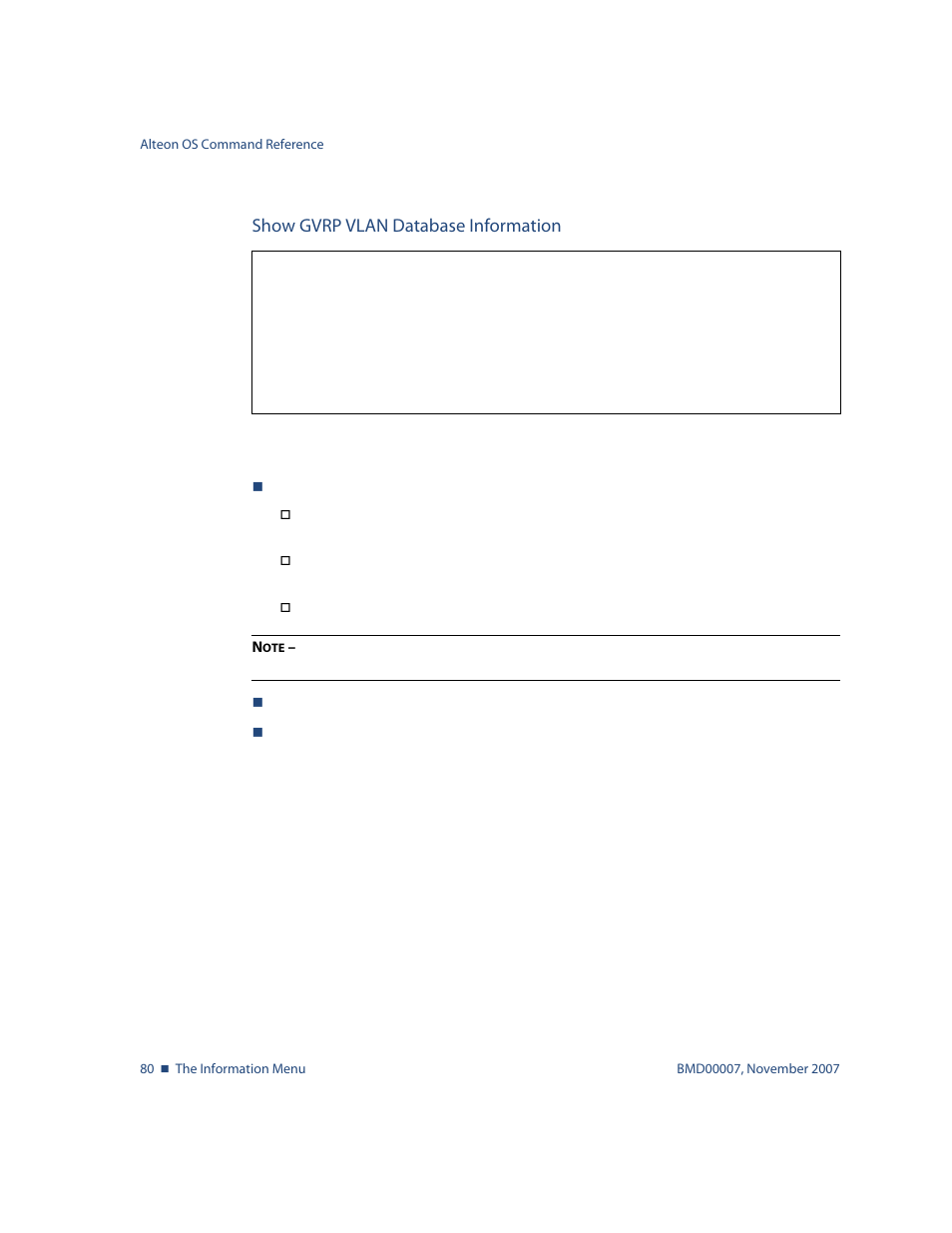 Show gvrp vlan database information, Show gvrp vlan database information 80, Info/l2/gvrp/gvd | Nortel Networks ALTEON OS BMD00007 User Manual | Page 80 / 390