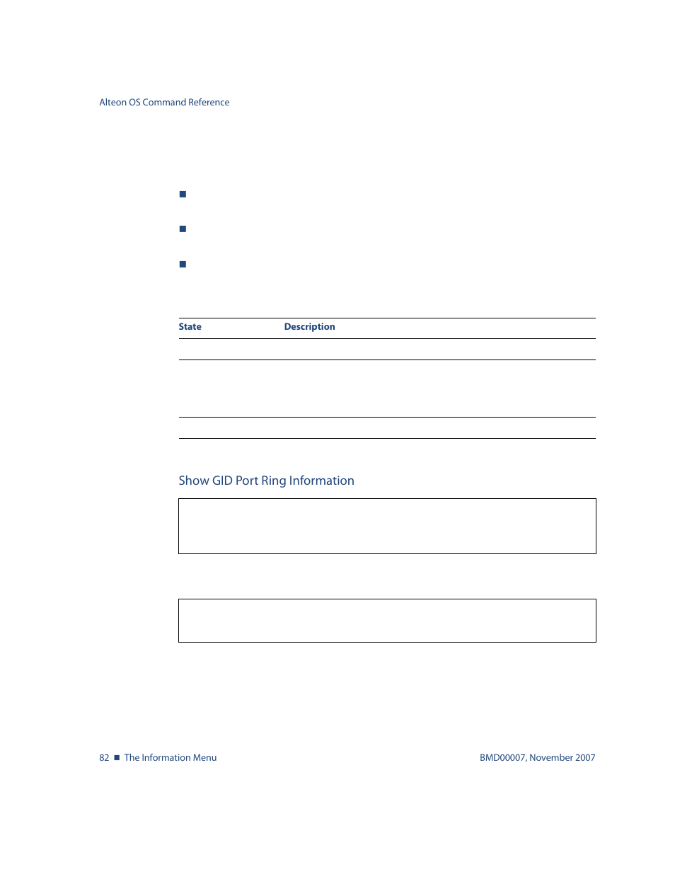 Show gid port ring information, Show gid port ring information 82, Info/l2/gvrp/ring | Nortel Networks ALTEON OS BMD00007 User Manual | Page 82 / 390