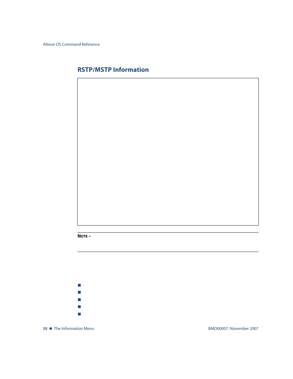 Rstp/mstp information, Rstp/mstp information 88, Info/l2/stg rstp/mstp information | Nortel Networks ALTEON OS BMD00007 User Manual | Page 88 / 390