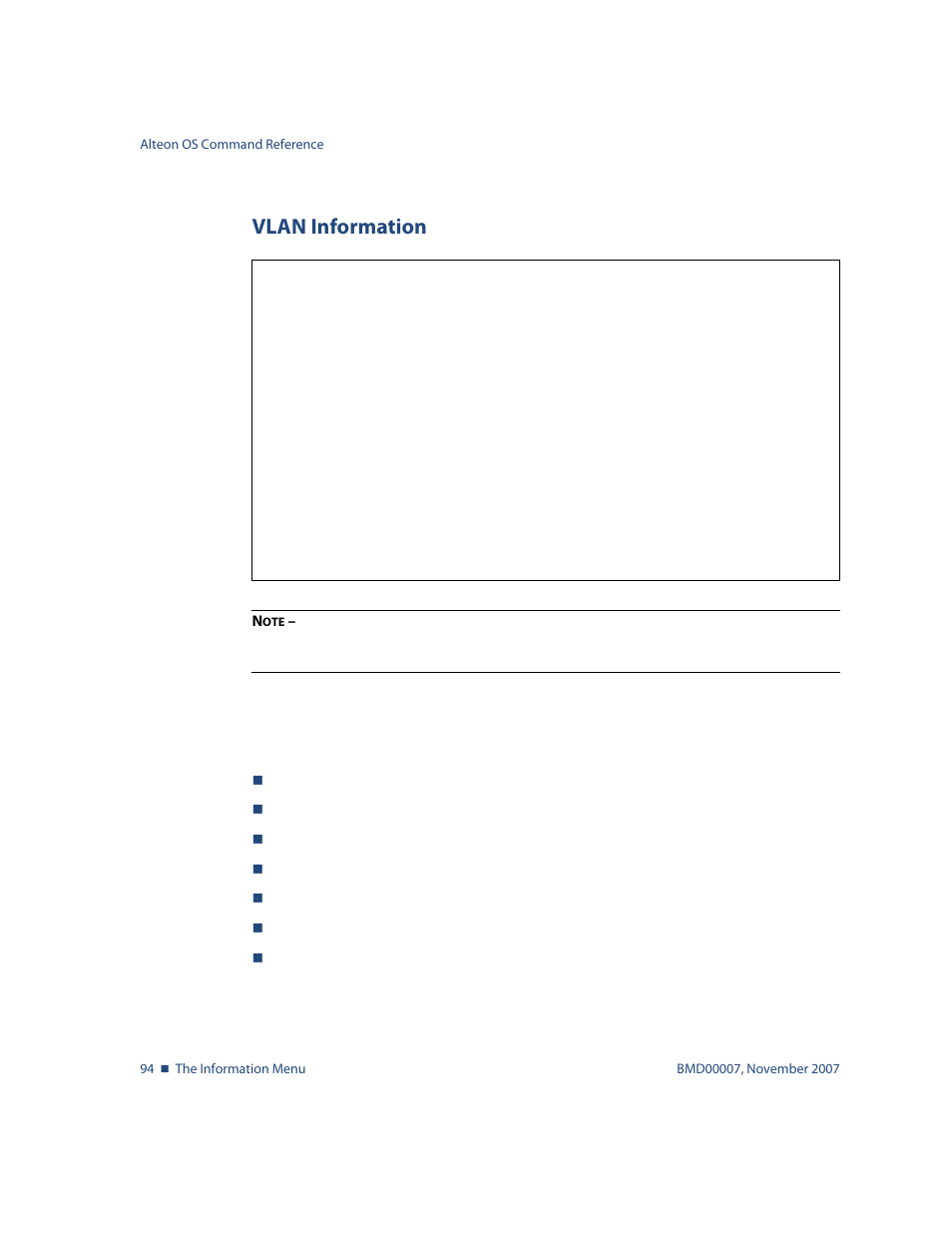 Vlan information, Vlan information 94, Info/l2/vlan vlan information | Nortel Networks ALTEON OS BMD00007 User Manual | Page 94 / 390
