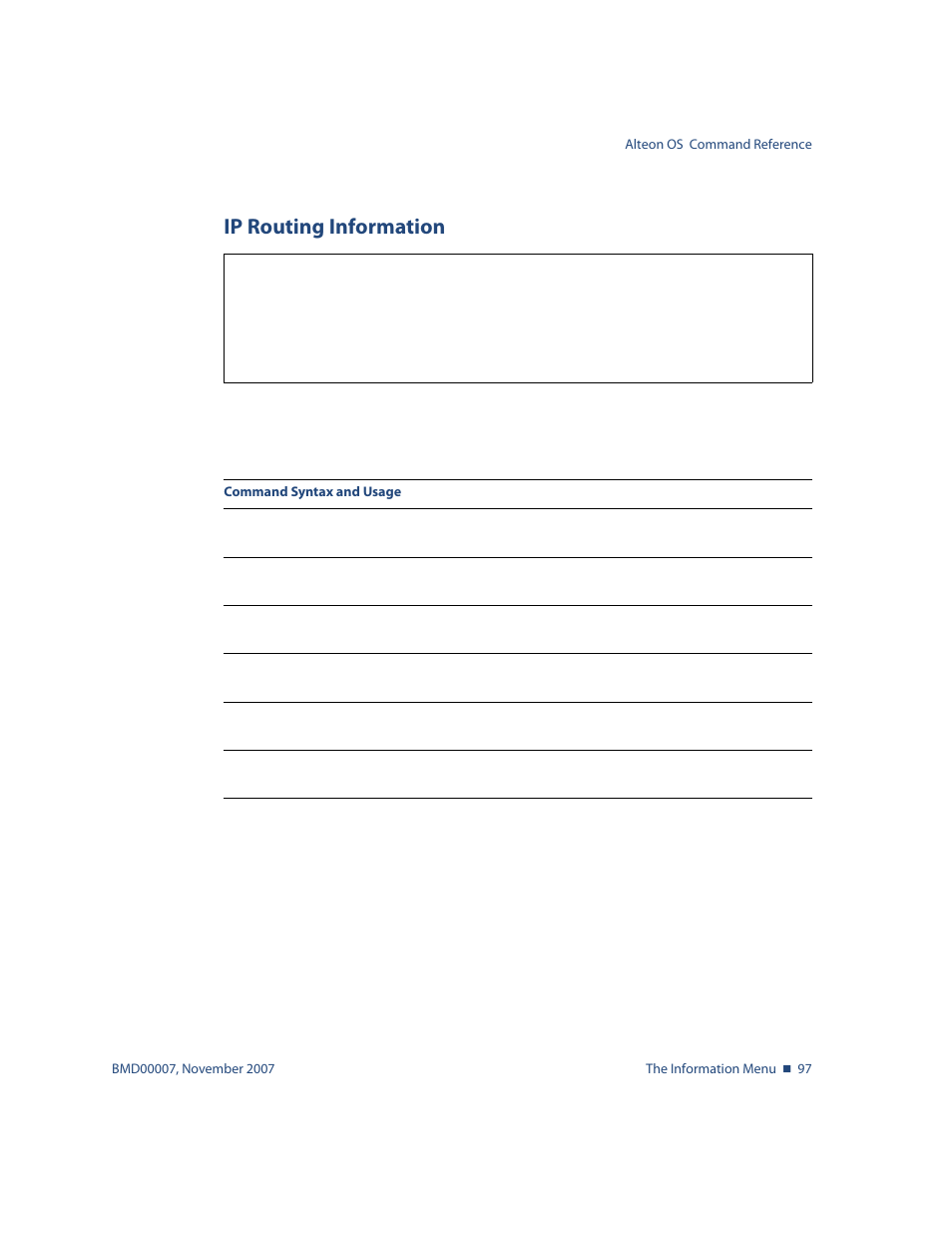 Ip routing information, Ip routing information 97, Info/l3/route ip routing information | Nortel Networks ALTEON OS BMD00007 User Manual | Page 97 / 390