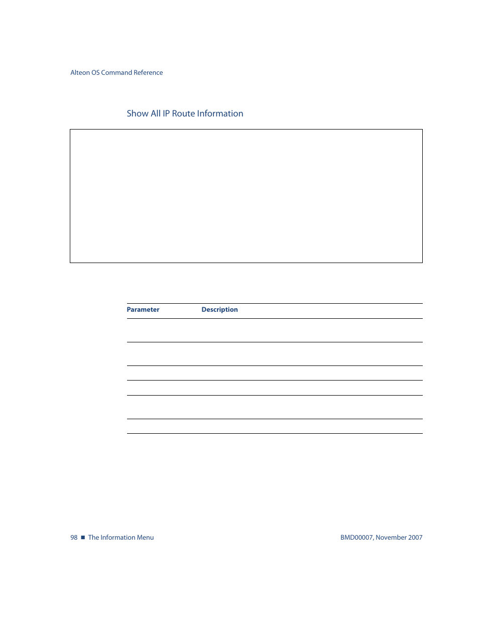 Show all ip route information, Show all ip route information 98, Routing types, see | Info/l3/route/dump | Nortel Networks ALTEON OS BMD00007 User Manual | Page 98 / 390