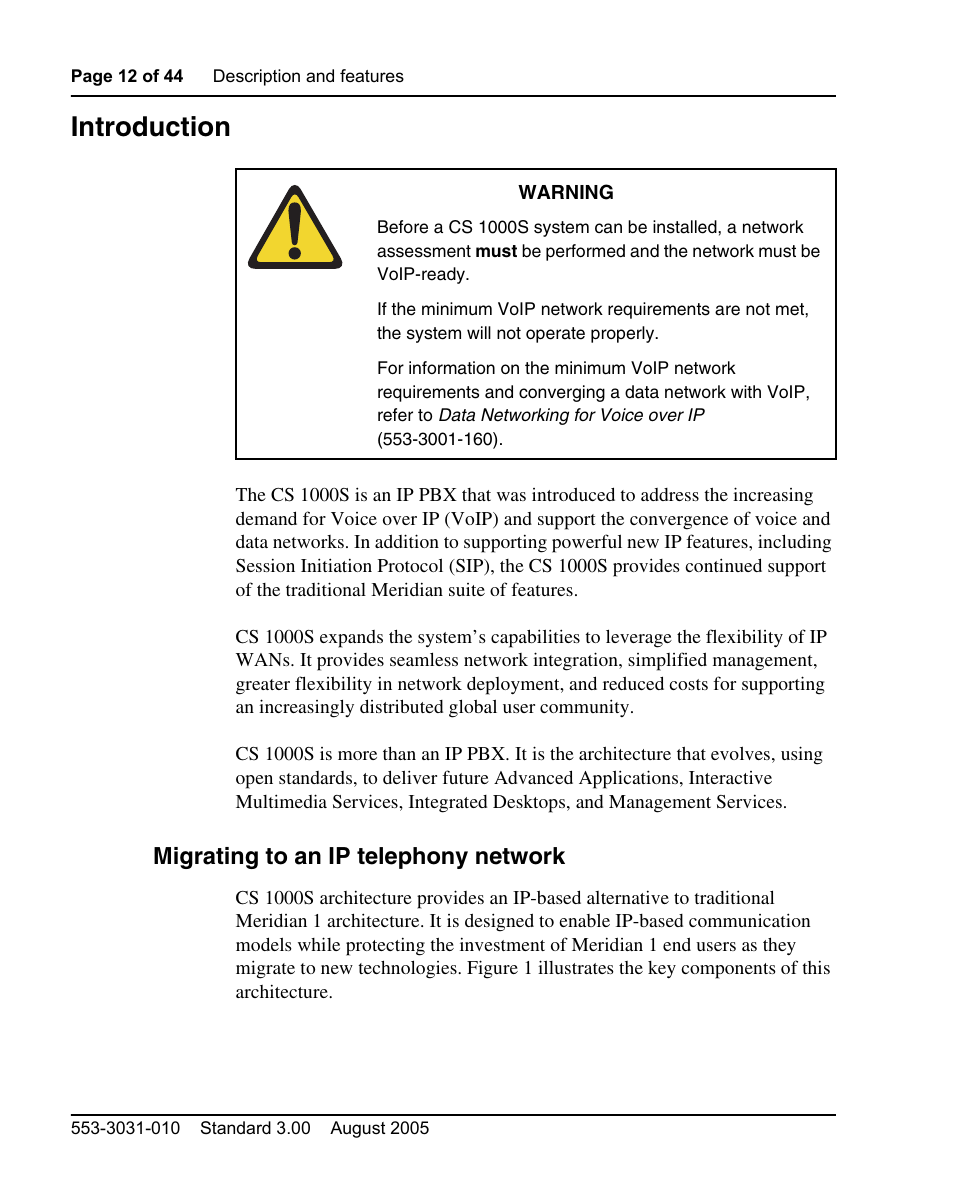 Introduction, Migrating to an ip telephony network | Nortel Networks 1000S User Manual | Page 12 / 46