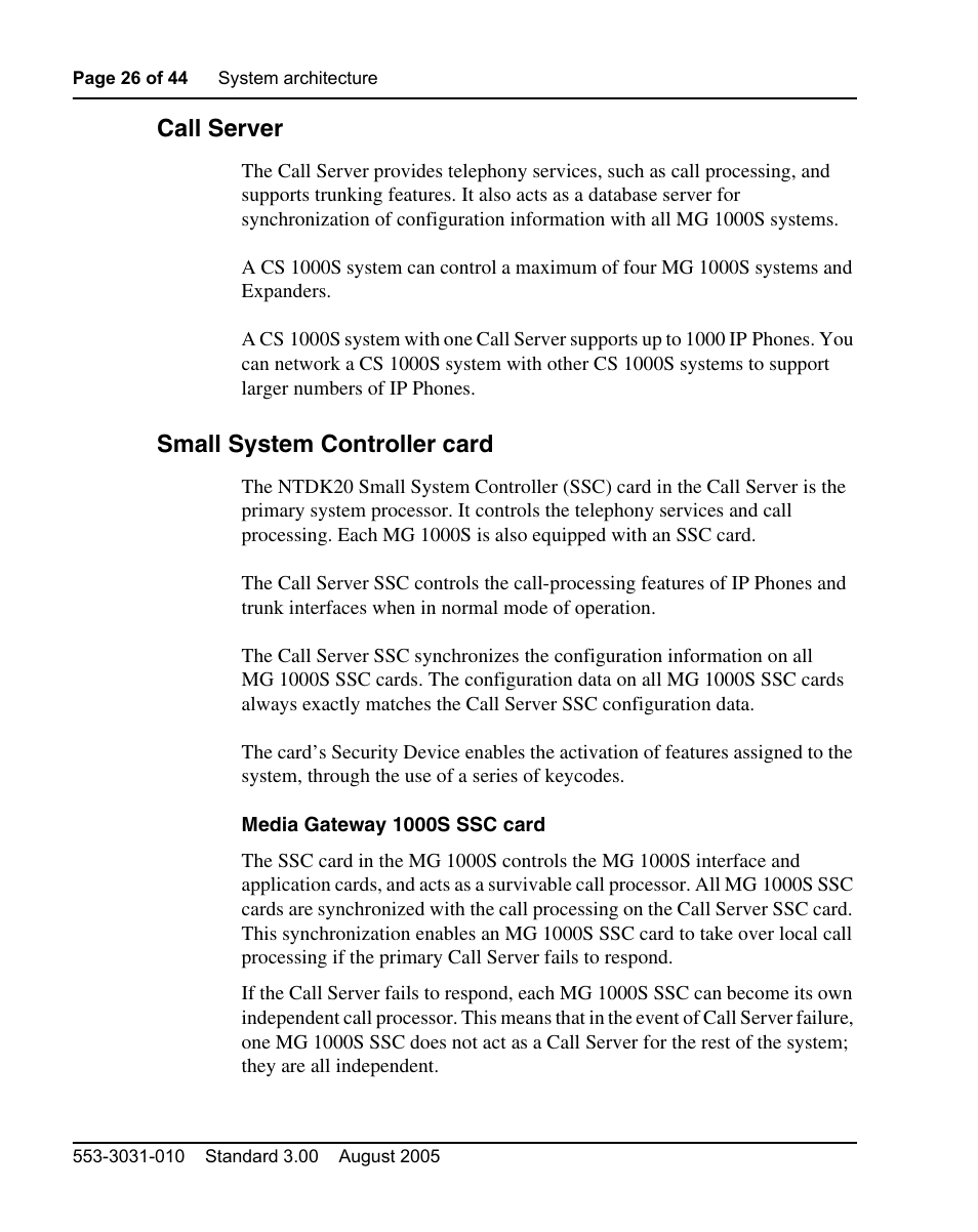 Call server, Small system controller card | Nortel Networks 1000S User Manual | Page 26 / 46