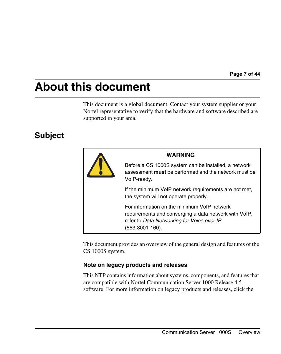 About this document, Subject | Nortel Networks 1000S User Manual | Page 7 / 46