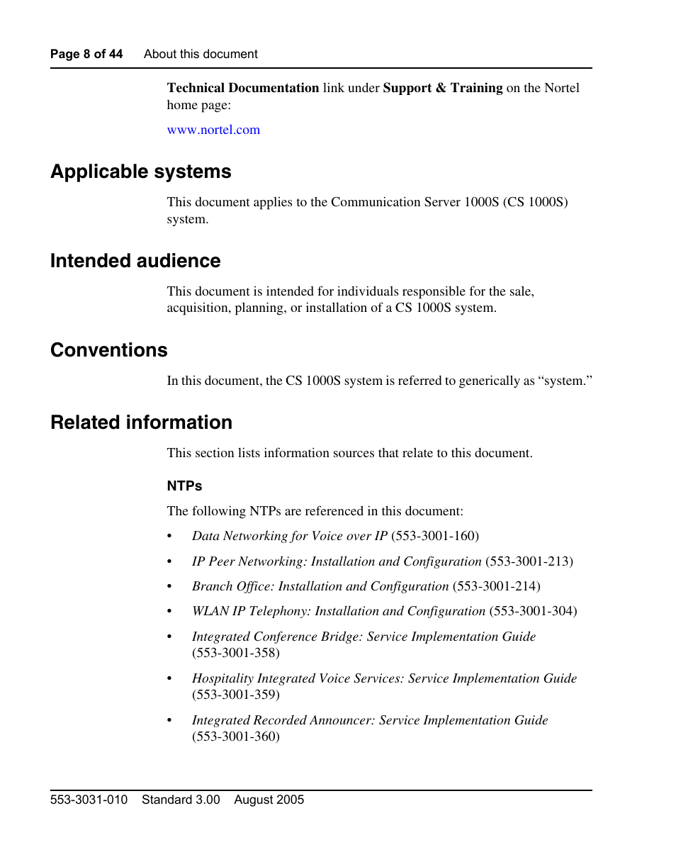 Applicable systems, Intended audience, Conventions | Related information | Nortel Networks 1000S User Manual | Page 8 / 46