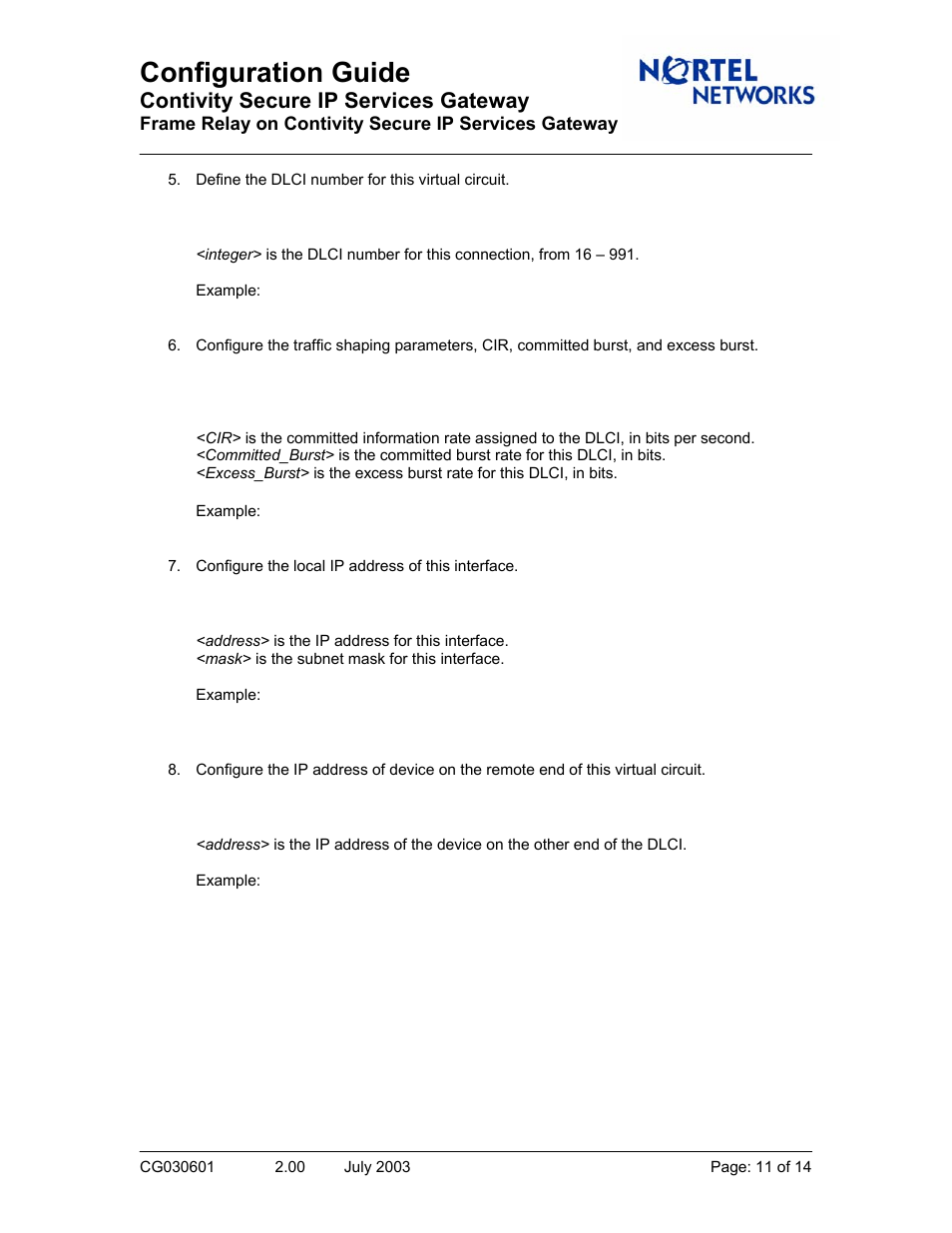 Configuration guide, Contivity secure ip services gateway | Nortel Networks CG030601 User Manual | Page 11 / 14