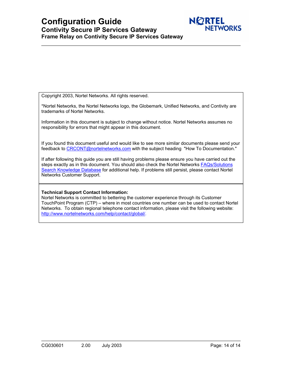 Configuration guide, Contivity secure ip services gateway | Nortel Networks CG030601 User Manual | Page 14 / 14