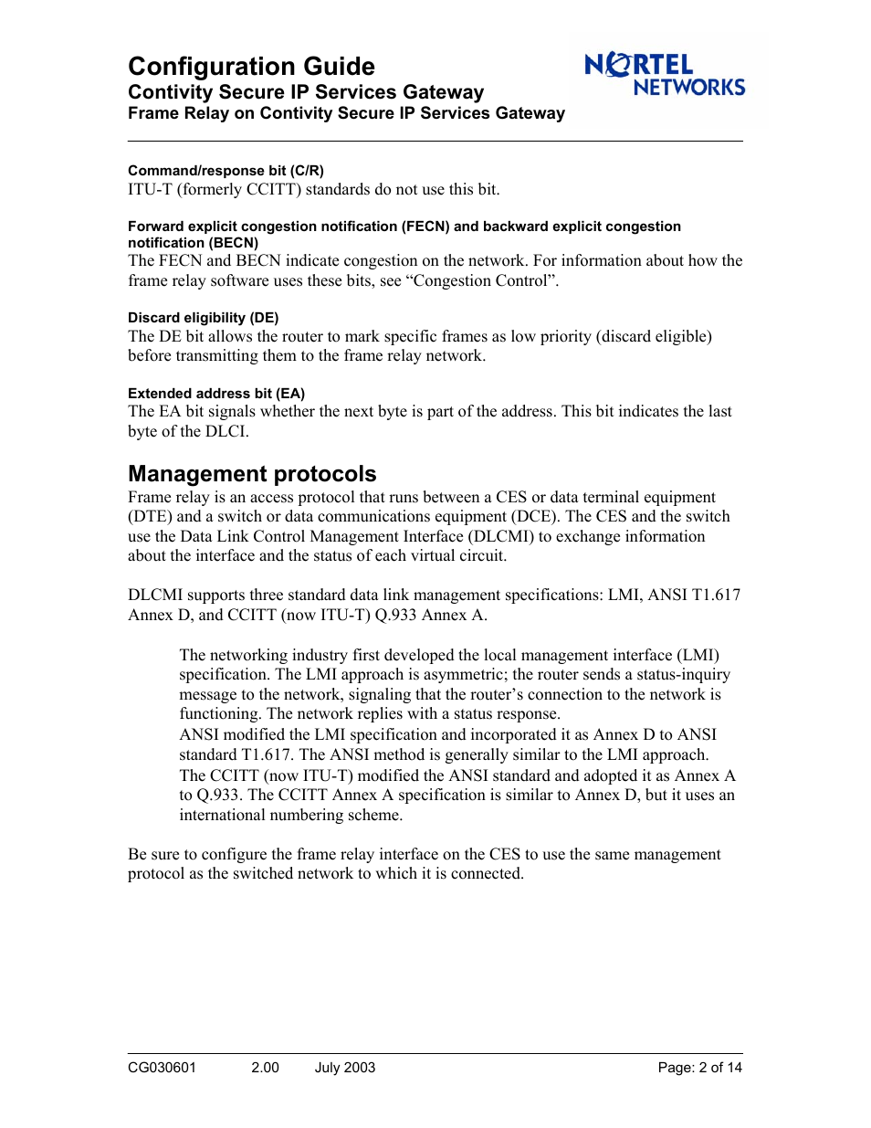 Management protocols, Configuration guide | Nortel Networks CG030601 User Manual | Page 2 / 14