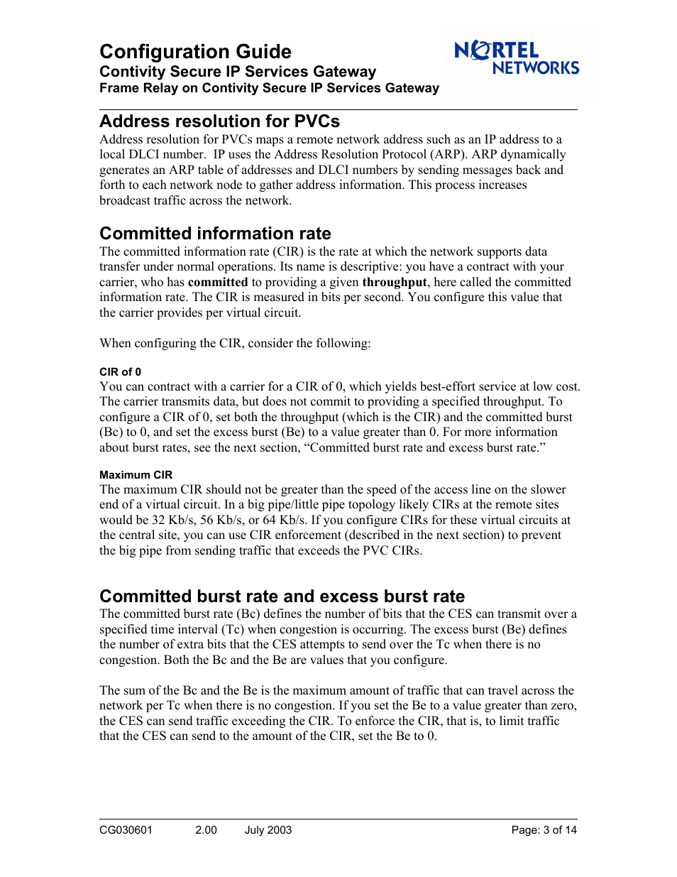 Address resolution for pvcs, Committed information rate, Committed burst rate and excess burst rate | Configuration guide | Nortel Networks CG030601 User Manual | Page 3 / 14