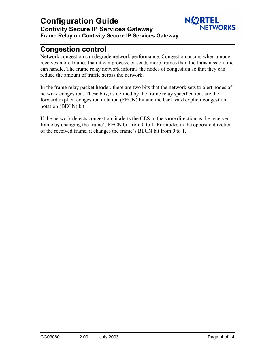 Congestion control, Configuration guide | Nortel Networks CG030601 User Manual | Page 4 / 14