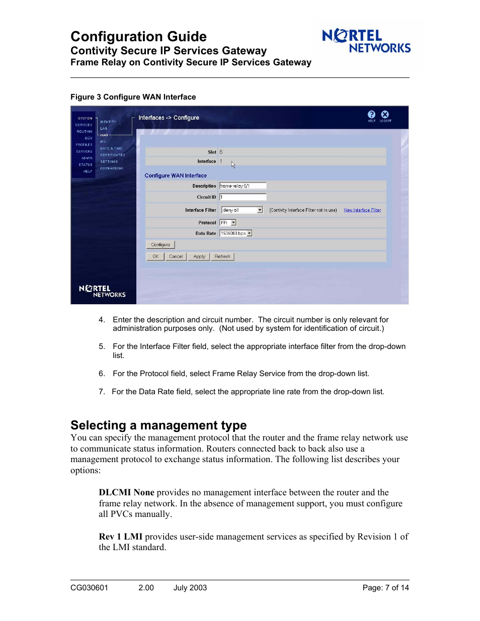 Configuration guide, Selecting a management type, Contivity secure ip services gateway | Nortel Networks CG030601 User Manual | Page 7 / 14