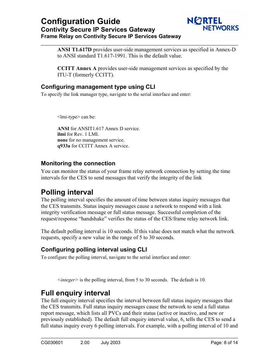 Configuration guide, Polling interval, Full enquiry interval | Nortel Networks CG030601 User Manual | Page 8 / 14