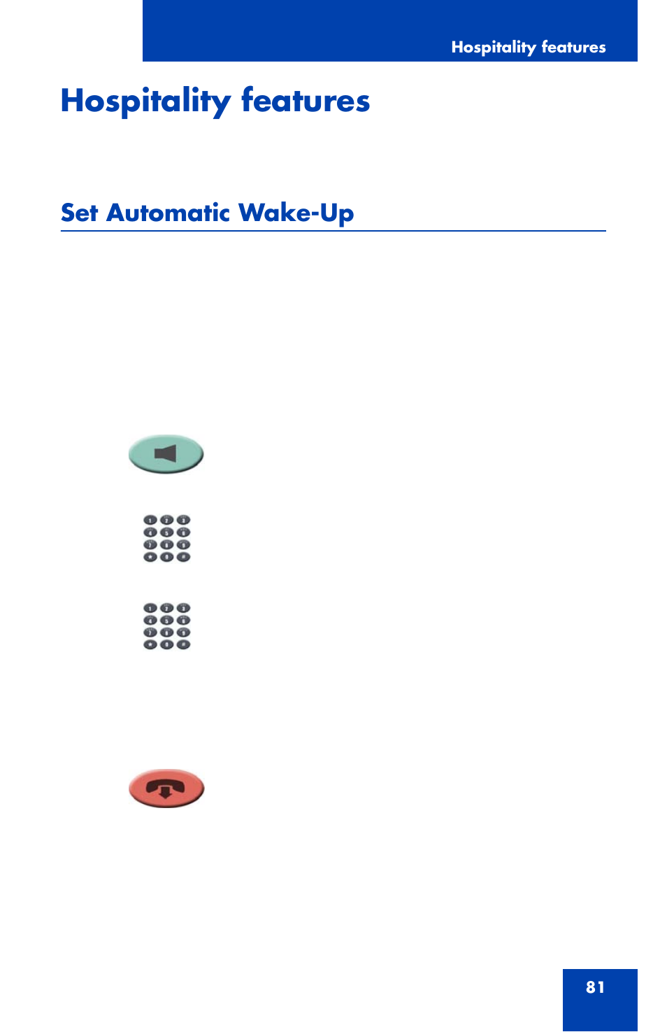 Hospitality features, Set automatic wake-up | Nortel Networks NN43111-100 User Manual | Page 81 / 94