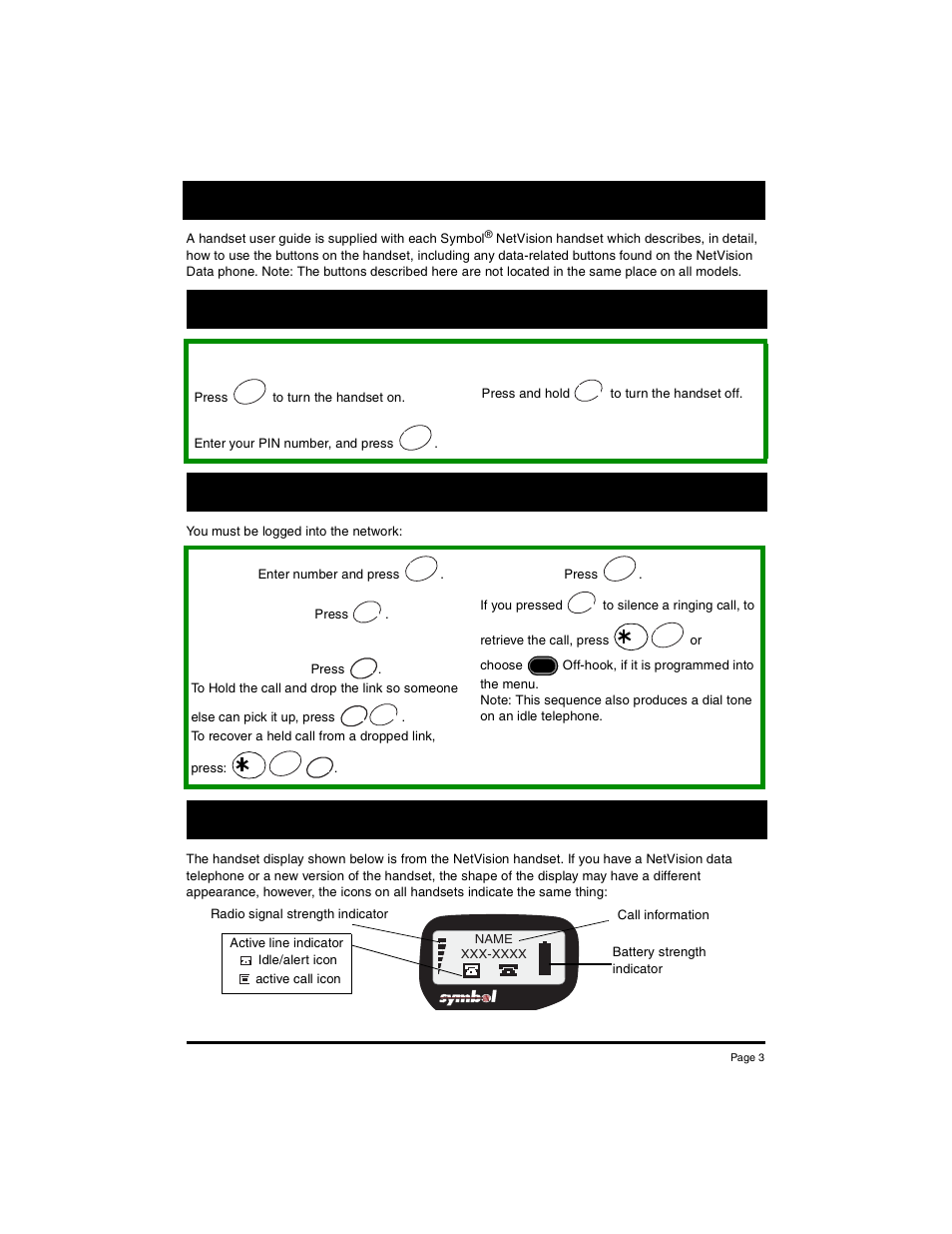 Logging into and out of the network, Quick start hints, Active handset display | Netvision quick start call basics | Nortel Networks NP-4046-100 User Manual | Page 3 / 10
