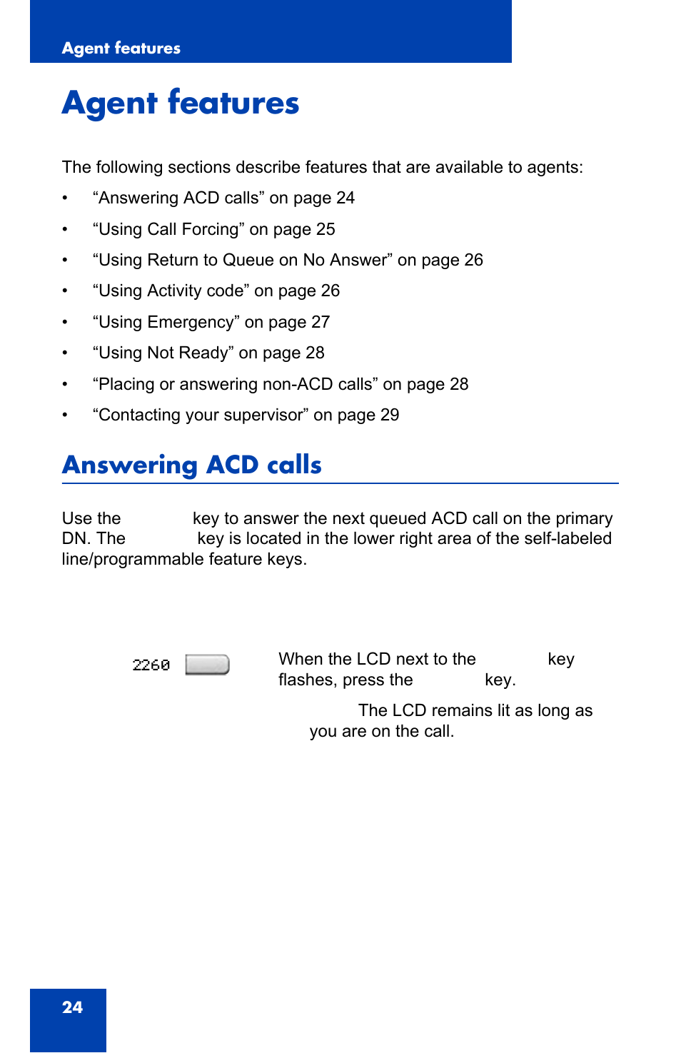 Agent features, Answering acd calls | Nortel Networks 1140E User Manual | Page 24 / 52