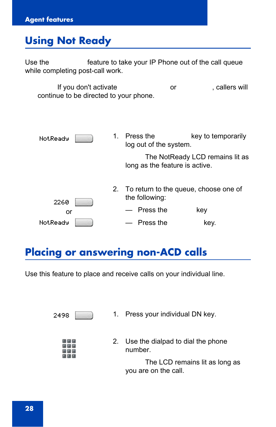 Using not ready, Placing or answering non-acd calls | Nortel Networks 1140E User Manual | Page 28 / 52