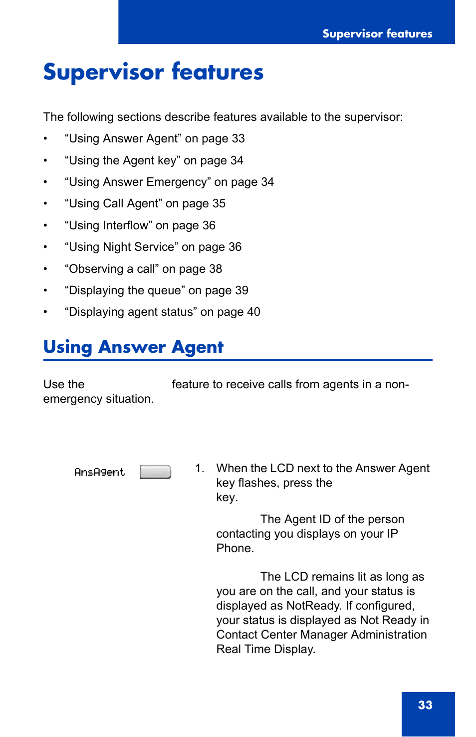 Supervisor features, Using answer agent | Nortel Networks 1140E User Manual | Page 33 / 52