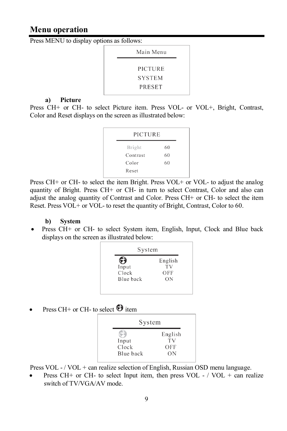 Menu operation | Hyundai H-LCD801 User Manual | Page 9 / 28