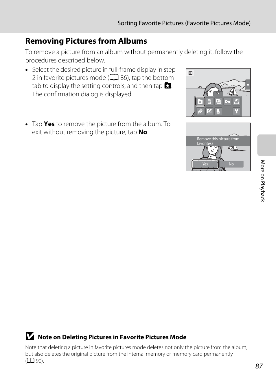 Removing pictures from albums, Ee “removing pictures from albums, A 87) f | Nortel Networks COOLPIX S1100PJ User Manual | Page 101 / 216