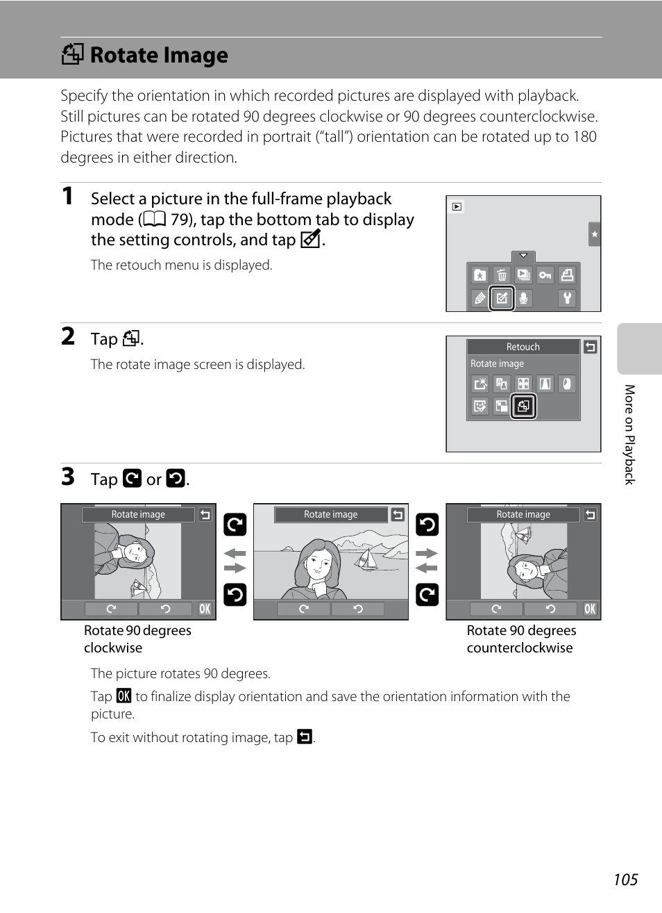 Rotate image, F rotate image, A 105) | Ij i j | Nortel Networks COOLPIX S1100PJ User Manual | Page 119 / 216