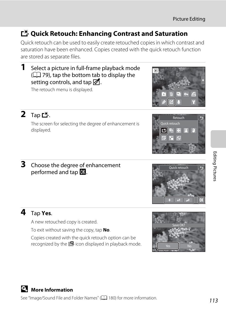 Quick retouch: enhancing contrast and saturation, K quick retouch: enhancing contrast and saturation, A 113) | Nortel Networks COOLPIX S1100PJ User Manual | Page 127 / 216