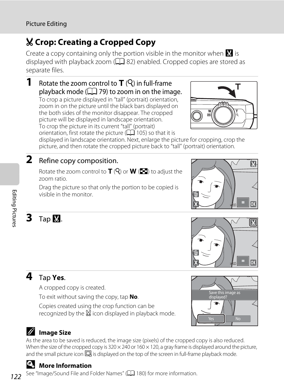 Crop: creating a cropped copy, O crop: creating a cropped copy, A 122) | Refine copy composition, Tap g, Tap yes | Nortel Networks COOLPIX S1100PJ User Manual | Page 136 / 216