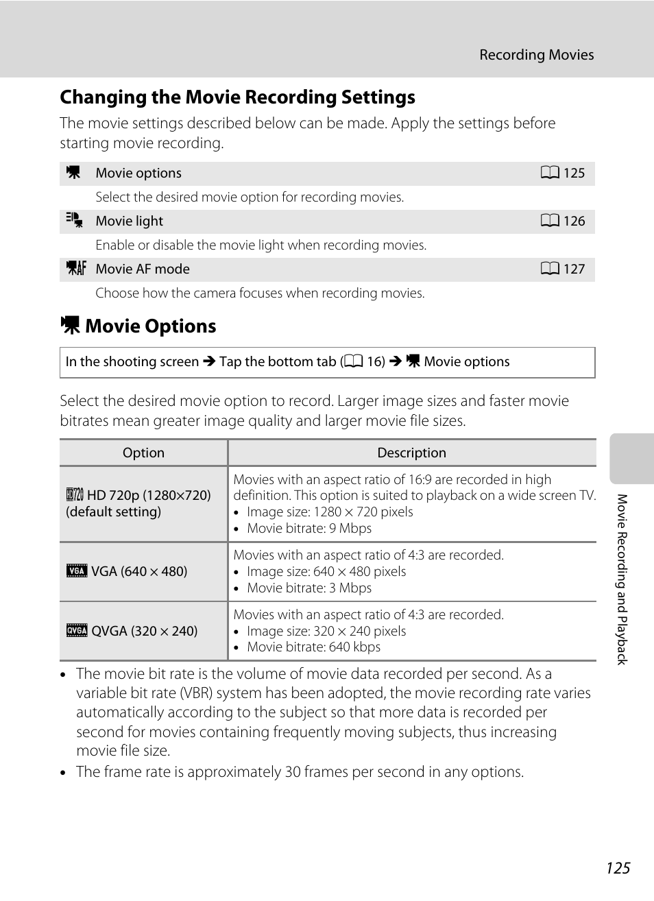 Changing the movie recording settings, Movie options, A 125), monitor display | A 125), D movie options | Nortel Networks COOLPIX S1100PJ User Manual | Page 139 / 216