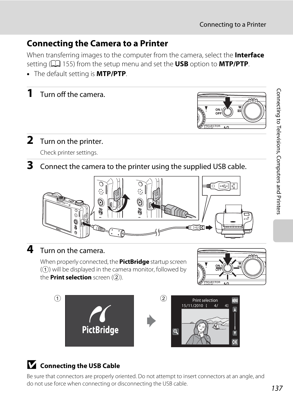 Connecting the camera to a printer, A 137) | Nortel Networks COOLPIX S1100PJ User Manual | Page 151 / 216