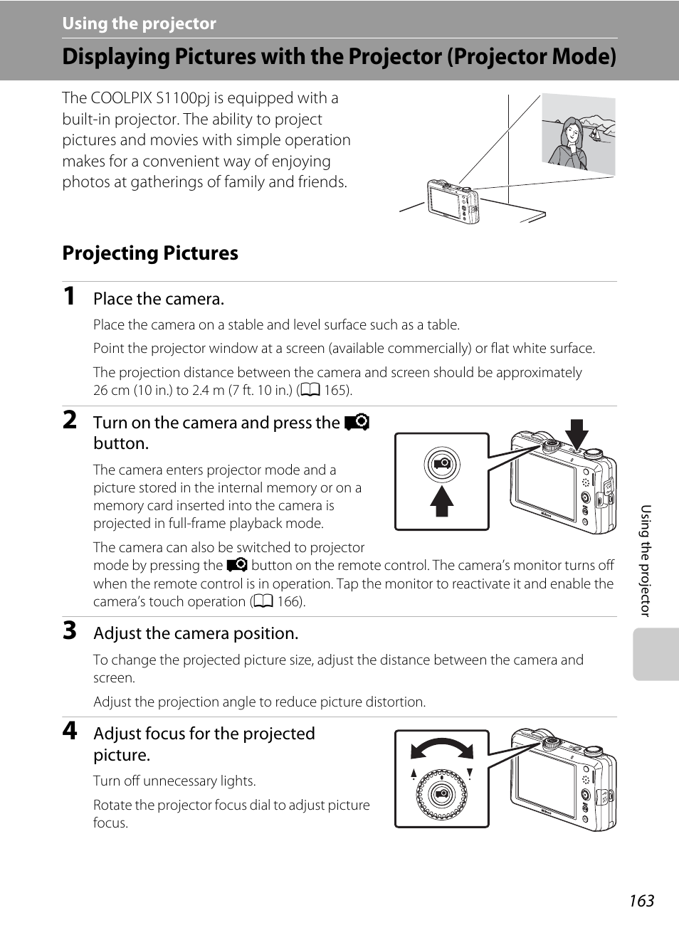 Using the projector, Projecting pictures, A 163), the r | A 163) | Nortel Networks COOLPIX S1100PJ User Manual | Page 177 / 216