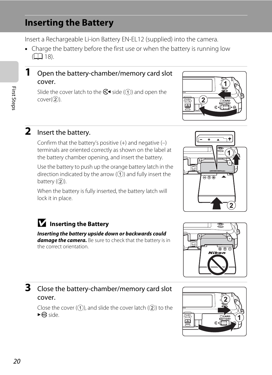 Inserting the battery | Nortel Networks COOLPIX S1100PJ User Manual | Page 34 / 216