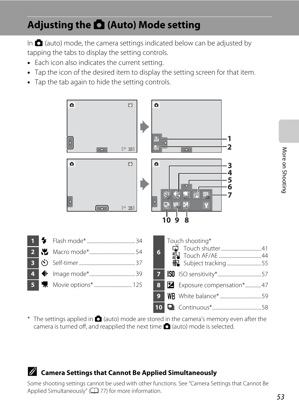 Adjusting the auto mode setting, Adjusting the a (auto) mode setting, E “adjusting the a (auto) mode setting | A 53) for | Nortel Networks COOLPIX S1100PJ User Manual | Page 67 / 216