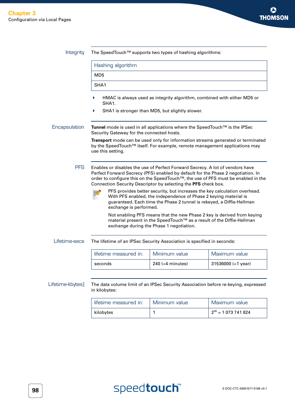 Integrity, Encapsulation, Lifetime-secs | Lifetime-kbytes, Chapter 3 | Nortel Networks 608(WL) User Manual | Page 100 / 222