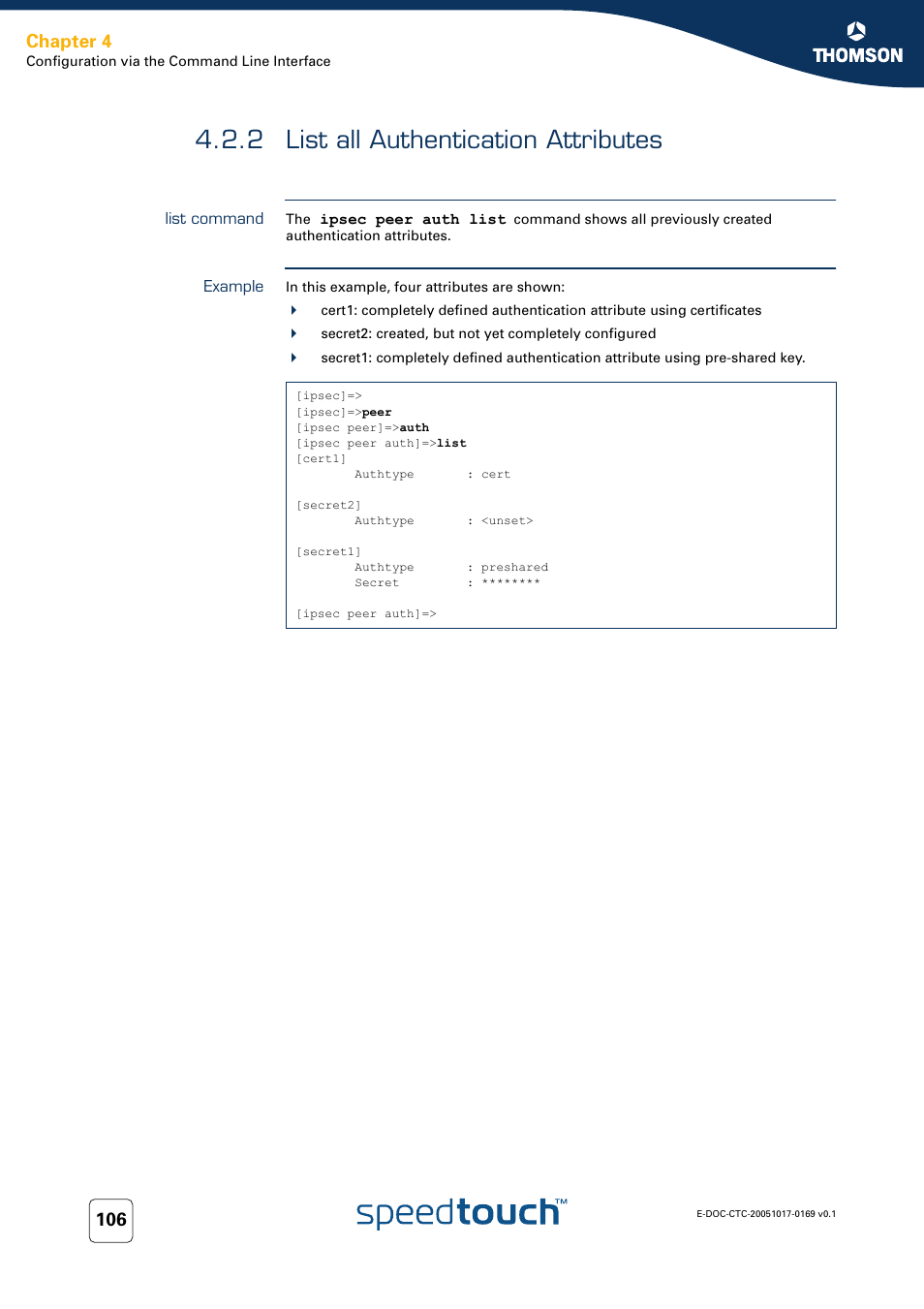 2 list all authentication attributes, List command, Example | List all authentication attributes, Chapter 4 | Nortel Networks 608(WL) User Manual | Page 108 / 222