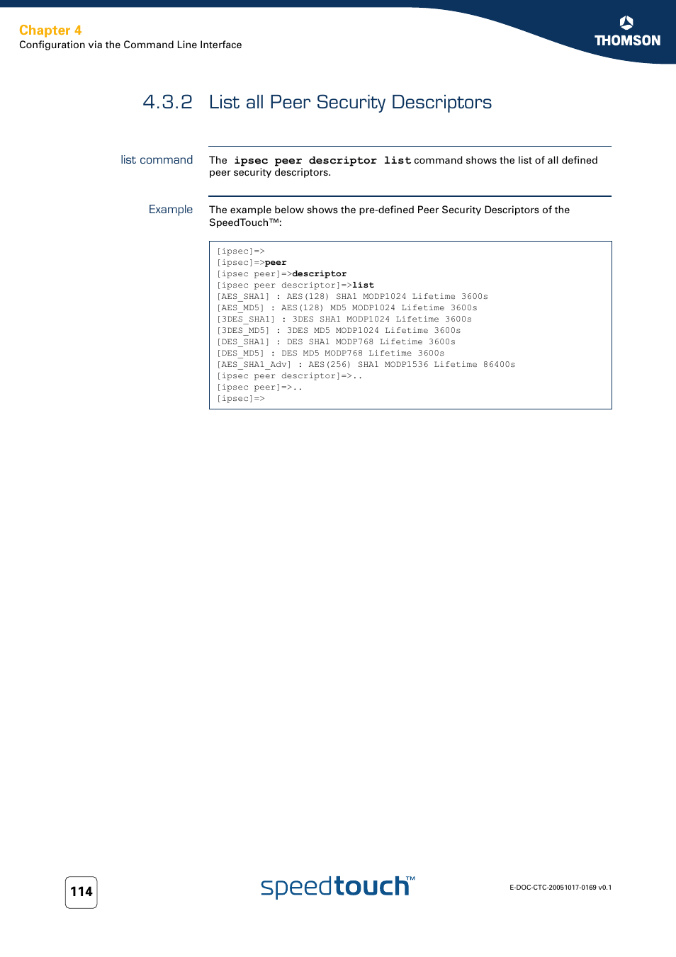 2 list all peer security descriptors, List command, Example | List all peer security descriptors, Chapter 4 | Nortel Networks 608(WL) User Manual | Page 116 / 222