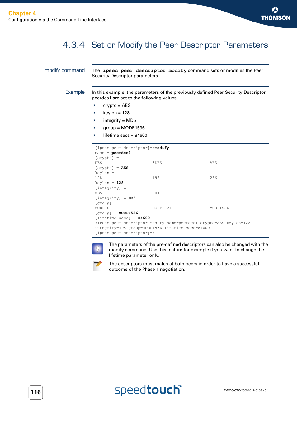 4 set or modify the peer descriptor parameters, Modify command, Example | Set or modify the peer descriptor parameters, Chapter 4 | Nortel Networks 608(WL) User Manual | Page 118 / 222