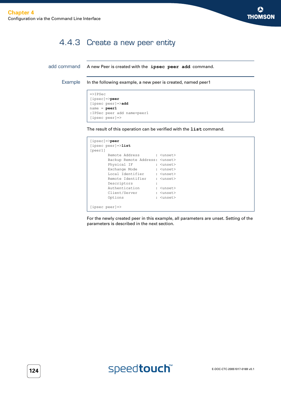 3 create a new peer entity, Add command, Example | Create a new peer entity, Chapter 4 | Nortel Networks 608(WL) User Manual | Page 126 / 222